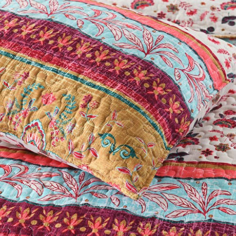 Boho Style Twin Size Quilt Set Reversible Bohemian Floral Strip Quilt Beddding Set, Soft and Lightweight Bedspread for All Season,XL Twin Bed Coverlet with 1 Matching Pillow Sham (2 Pieces) HORIMOTE HOME