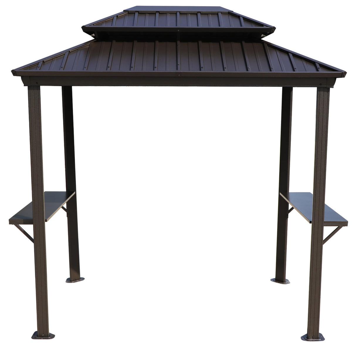 Kozyard 6’ x 8’ BBQ Hardtop Grill Gazebo, Outdoor Barbecue Gazebo with Double Galvanized Metal Roof, Aluminum BBQ Gazebo with 2 Side Shelves for Outdoor Grilling Station (Brown/Hardtop) Kozyard