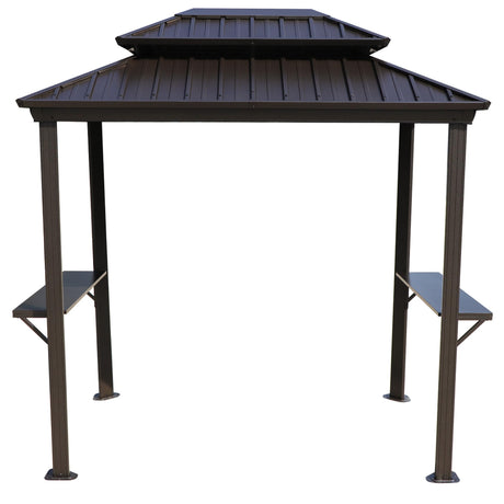 Kozyard 6’ x 8’ BBQ Hardtop Grill Gazebo, Outdoor Barbecue Gazebo with Double Galvanized Metal Roof, Aluminum BBQ Gazebo with 2 Side Shelves for Outdoor Grilling Station (Brown/Hardtop) Kozyard