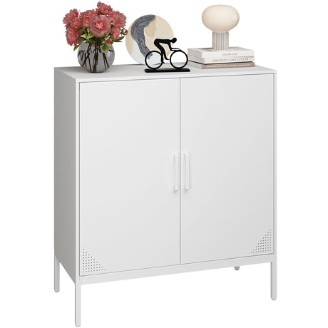 Metal Storage Cabinet with Adjustable Shelves, Steel Buffet Sideboard for Entryway, Living Room, Dining Room, Kitchen, Office, Bar (White) Steehoom
