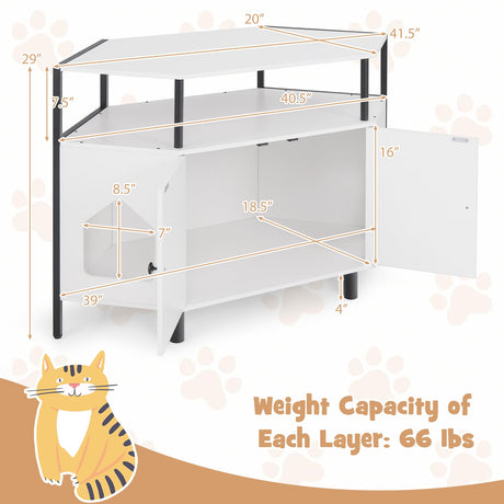 Tangkula Corner Litter Box Enclosure, Double Enclosed Litter Box Furniture with Open Shelf, 2 Entrances, Hidden Cat Washroom, Large Cat Box Cabinet for Indoor Cats (White) Tangkula