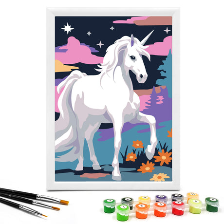 Nariolar Paint by Numbers for Kids Ages 4-8 with 7X9.5 inch Pre-Printed Cardboard,12 Acrylic Paint Pots and 3 Painting Brushes, Craft Gift Room Decor for Children,(Elegant Unicorn) Nariolar