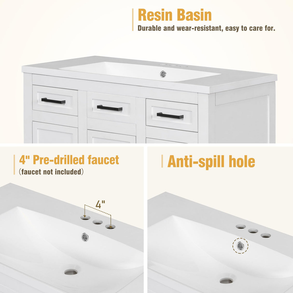 Harper & Bright Designs 36" Bathroom Vanity with Sink, Free Standing Single Basin Vanity Set with 2 Doors & 4 Drawers, Modern Wooden Bathroom Cabinet with Resin Basin for Bathroom, White Harper & Bright Designs