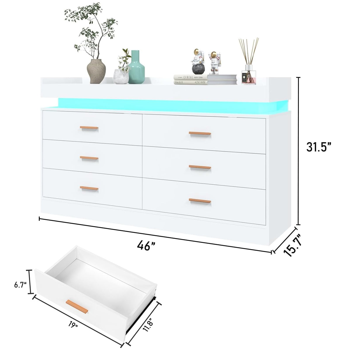 Hlivelood 6 Drawer Dresser with LED Light and Charging Station, Modern Chest of Drawers for Closet, Wide Drawer Organizer Cabinet for Bedroom, Living Room, Entryway, Hallway(6 Drawer White) Hlivelood