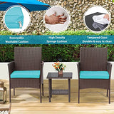 FDW 3 Piece Outdoor Furniture Set Patio Brown Wicker Chairs Furniture Bistro Conversation Set 2 Rattan Chairs with Blue Cushions and Glass Coffee Table for Porch Lawn Garden Balcony Backyard FDW