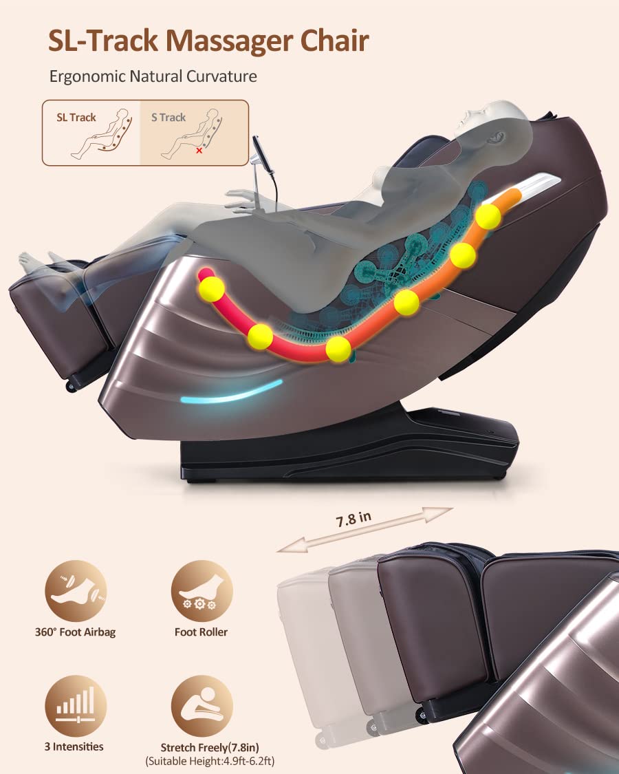 RELX 2025 Massage Chair Full Body, 15 Modes Zero Gravity SL-Track Shiatsu Massage Chair Built-in Heat System, Airbag Massage with Body Scan, Deep Yoga Stretch, Calfrest Extension and AI Control(Brown) RELX