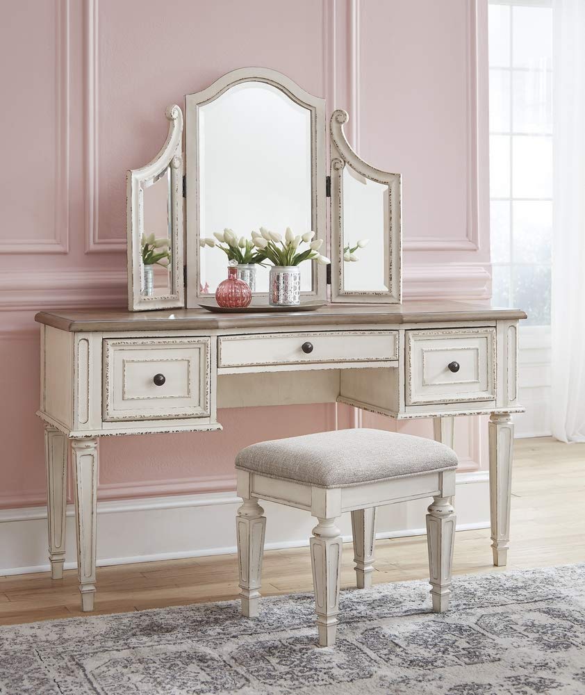 Signature Design by Ashley Realyn Traditional Cottage 3 Drawer Vanity Set with Dovetail Construction, Mirror & Stool Included, Chipped White, Distressed Brown Signature Design by Ashley