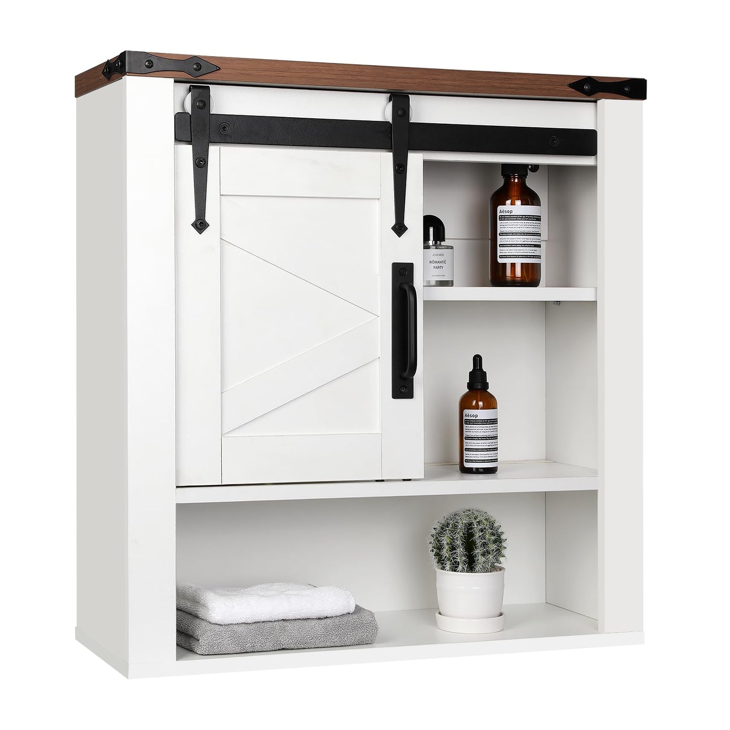 VOWNER Farmhouse Bathroom Wall Cabinet, Medicine Cabinet with Sliding Barn Door & Adjustable Shelf, Wood Wall Mounted Storage Cabinet for Kitchen Dining, Bathroom, Living Room, White - WoodArtSupply