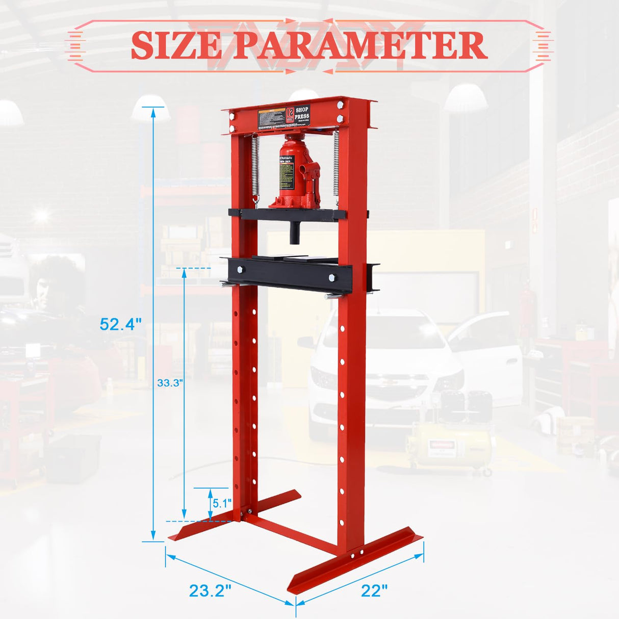 Tandagy 12 Ton Hydraulic Shop Press with Press Plates Heavy Duty Shop Press H-Frame Floor Mount Hydraulic Shop Press Adjustable Hydraulic Press (Red) Tandagy
