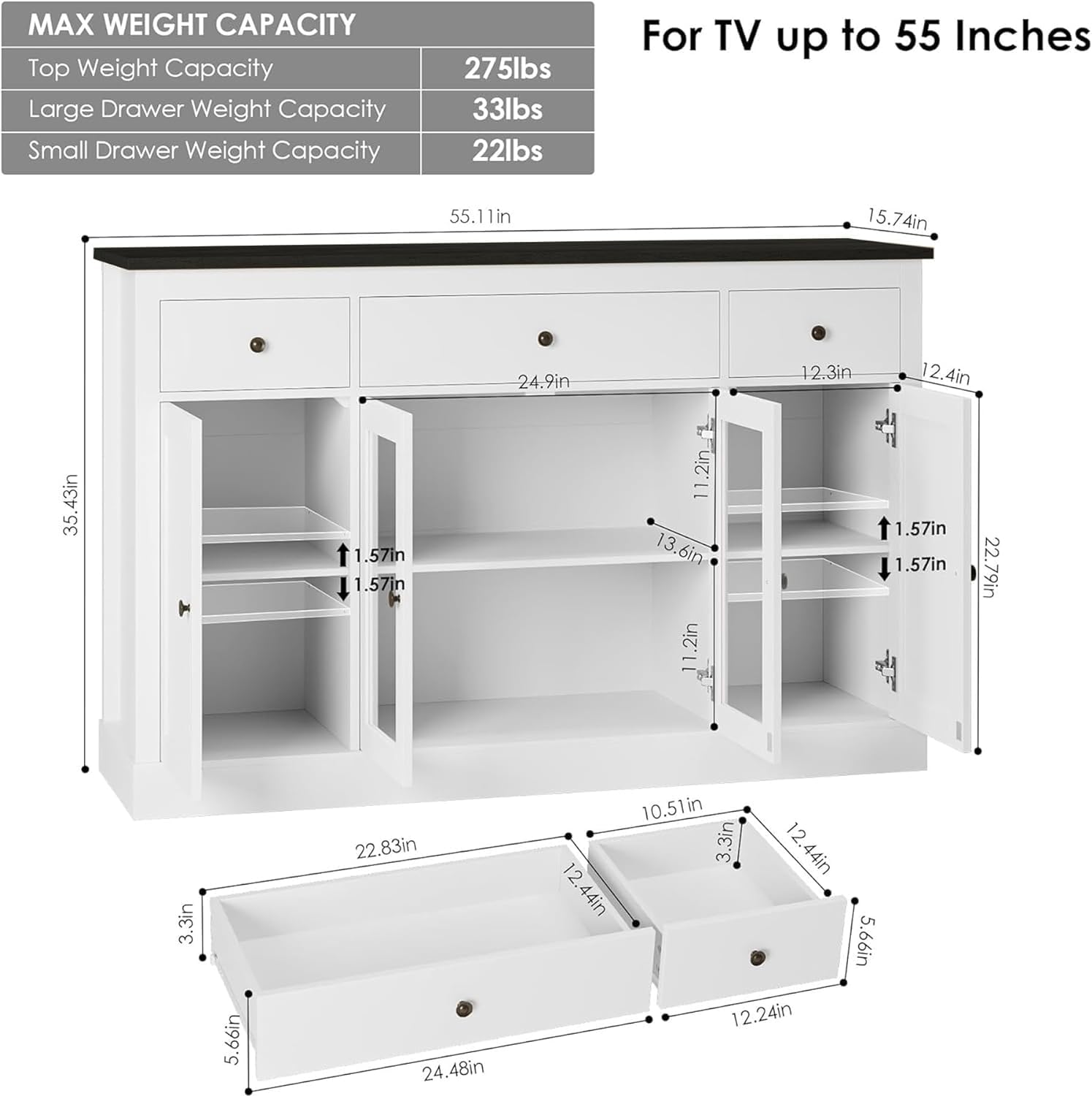 HOSTACK Sideboard Buffet Cabinet with Storage, 55" Large Kitchen Storage Cabinet with Drawers | Glass Doors, Modern Farmhouse Coffee Bar Cabinet, Wood Buffet Table Dining Room Cabinet, White/ - WoodArtSupply