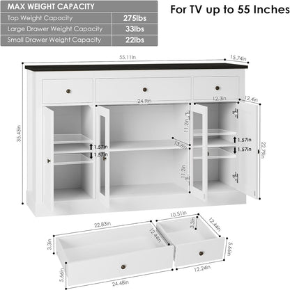 HOSTACK Sideboard Buffet Cabinet with Storage, 55" Large Kitchen Storage Cabinet with Drawers | Glass Doors, Modern Farmhouse Coffee Bar Cabinet, Wood Buffet Table Dining Room Cabinet, White/ - WoodArtSupply