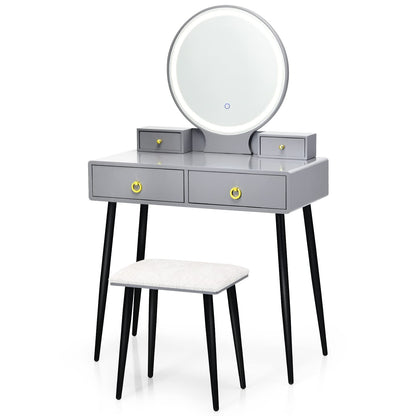 CHARMAID Vanity Table Set with 3 Color Dimming Lighted Mirror, Makeup Dressing Table with 4 Storage Drawers and Jewelry Organizer, Bedroom Vanities Desk with Cushioned Stool for Women Girls (Gray)