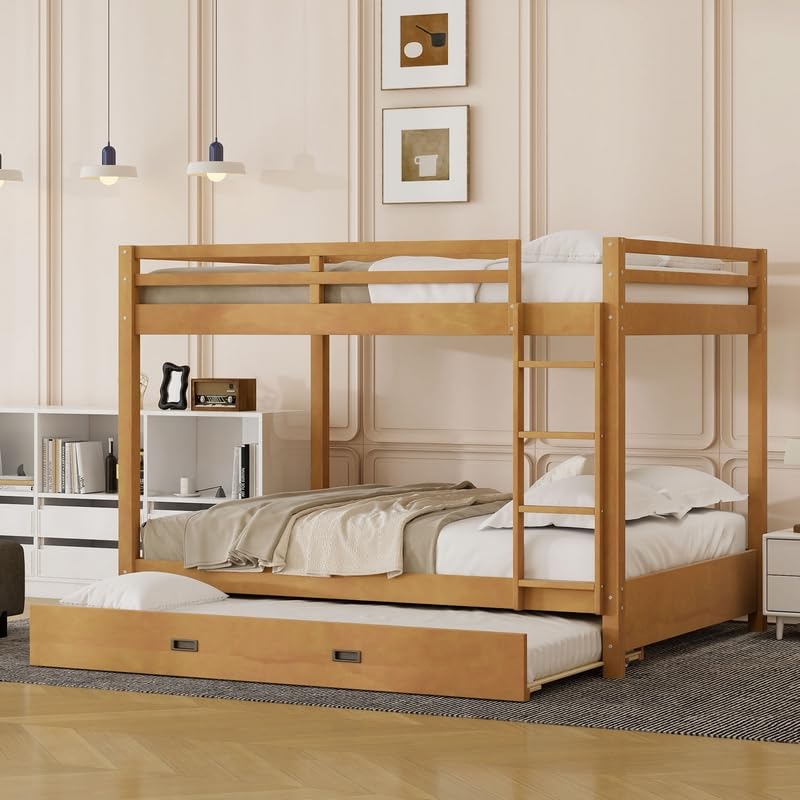 Merax Queen Size Bed with Trundle - Space-Saving Solid Wood Frame, Built-in Safety Rails and Ladderm, Wood Merax