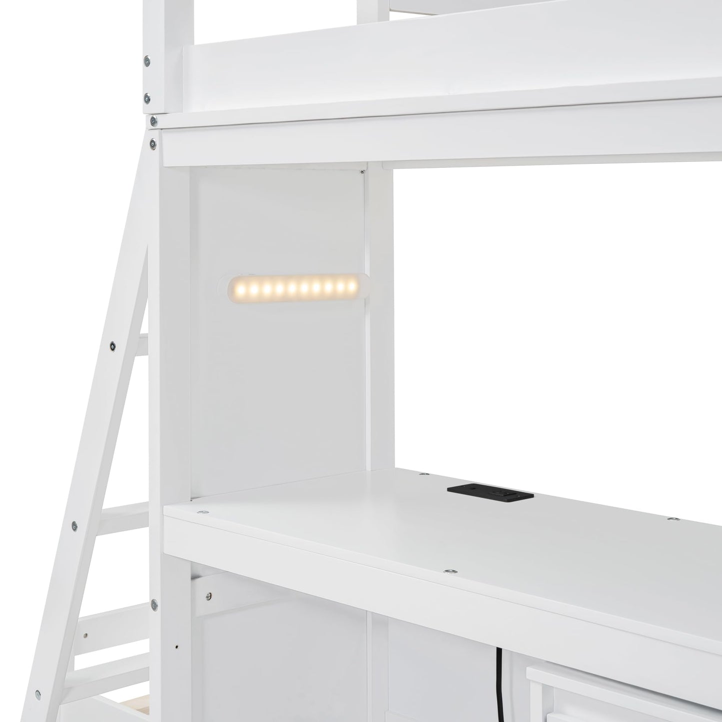 Versatile Twin Over Twin Bunk Bed with LED Light, USB Ports and Storage Solutions in White - WoodArtSupply