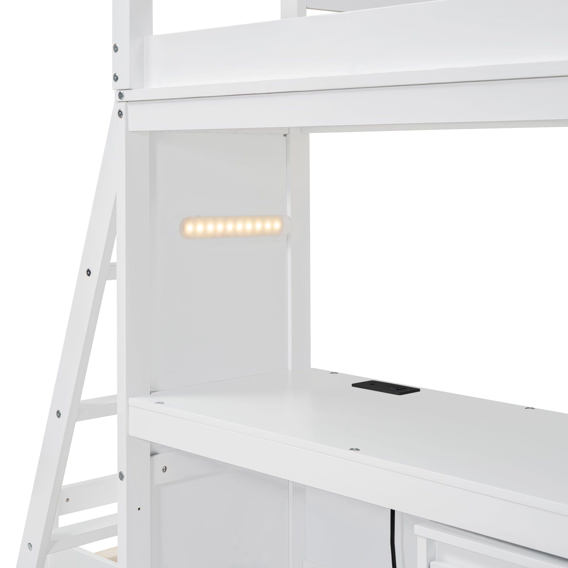 Versatile Twin Over Twin Bunk Bed with LED Light, USB Ports and Storage Solutions in White - WoodArtSupply