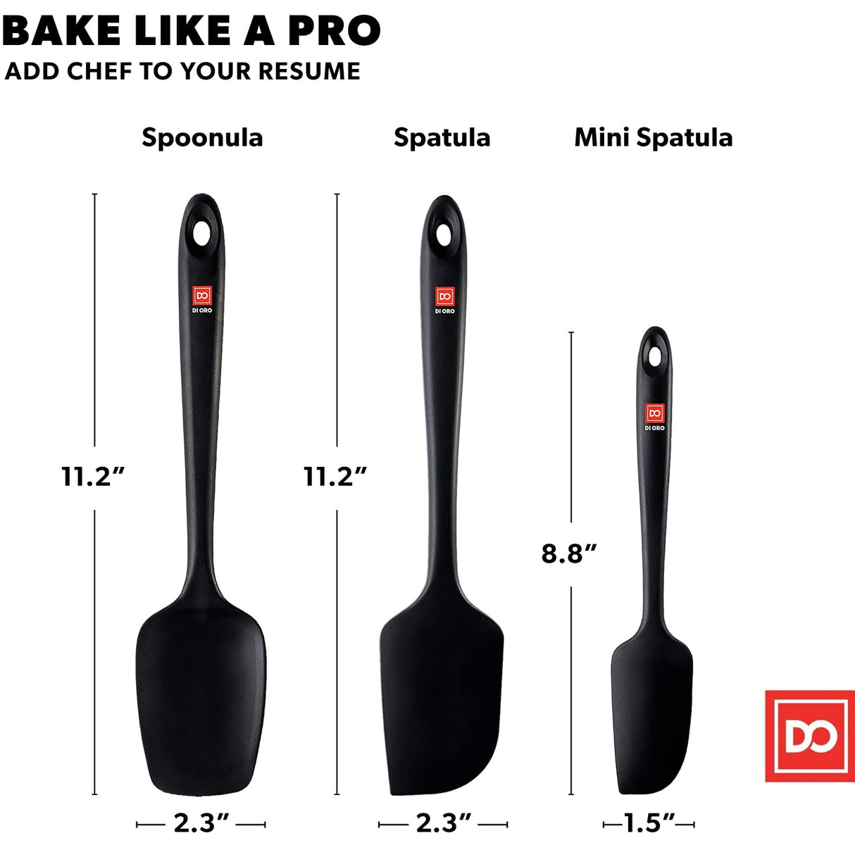 DI ORO Silicone Spatula Set - Rubber Kitchen Spatulas for Baking, Cooking, & Mixing - 600°F Heat-Resistant & BPA Free Silicone Scraper Spatulas for Nonstick Cookware - Dishwasher Safe (3pc, Black) di Oro Living