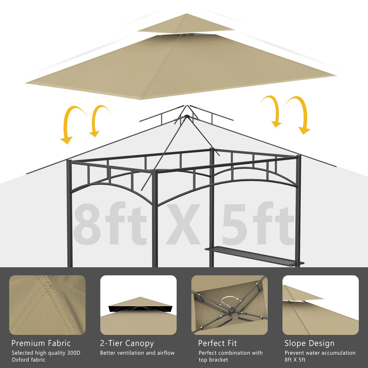 Grill Gazebo Replacement Canopy Top Only - 5' x 8' Outdoor BBQ Gazebo Canopy Roof, Waterproof Double Tiered Shelter Cover Fit for Model L-GG001PST-F (Khaki) Iheqard