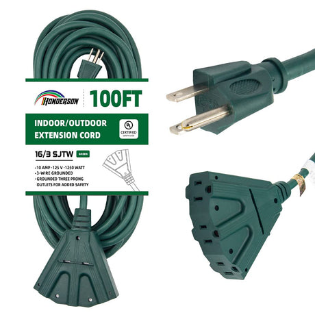 HONDERSON 100FT Outdoor Extension Cord with 3 Electrical Power Outlets - 16/3 SJTW Durable Green Cable with 3 Prong Grounded Plug for Safety,Great for Outdoor Christmas Decorations HONDERSON