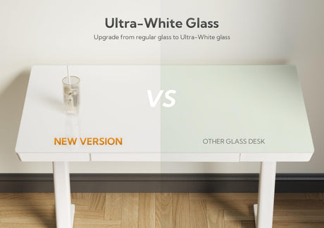 Claiks Glass Standing Desk with Drawers, 55 Inch Adjustable Stand Up Desk, Quick Install Home Office Computer Desk with USB Ports, White Claiks