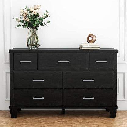 SUNNYFURN Dresser for Bedroom with 7 Drawer Modern Wooden Dresser - 3-Tier Drawer Chest, Entryway, Closet, Living Room, and Hallway Storage - Stylish & Functional Organizer Black - WoodArtSupply