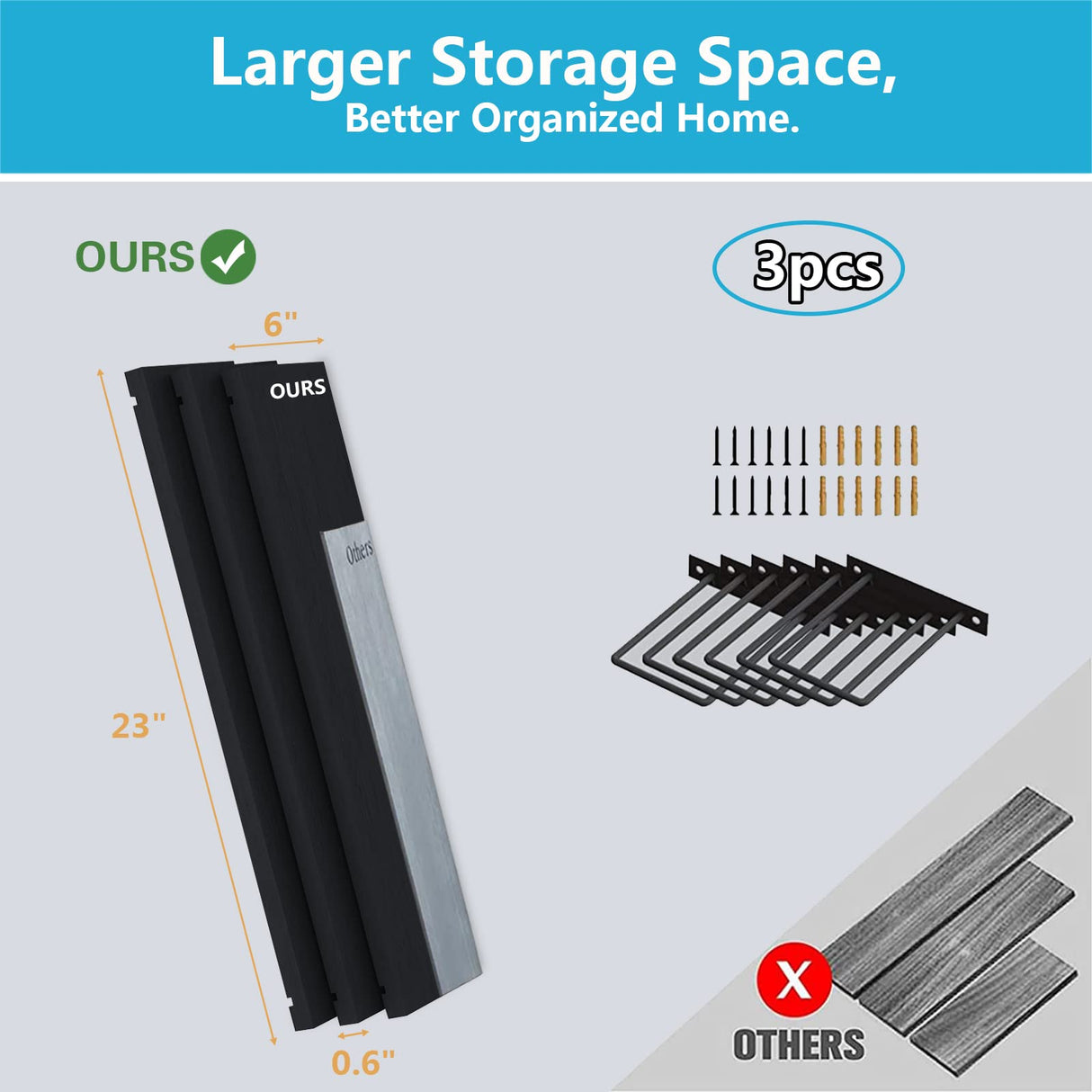 EALLRINEC Floating Shelves - 24 Inch Wall Mounted Set of 3, Rustic Wood Storage Shelves for Living Room (Black) EALLRINEC