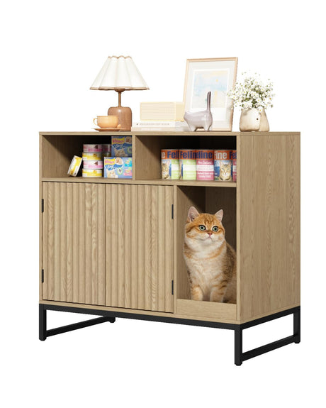 WINWY Cat Litter Box Enclosure, Large Hidden Pet Storage Cabinet Furniture with Waveform Fluted Doors & Scratching Pad, Modern Wooden Cat House Indoor for Washroom, Living Room, Bedroom, Natural WINWY
