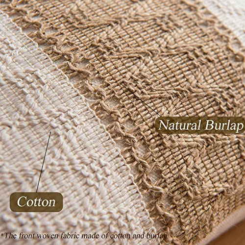 DUKYMIK Woven Farmhouse Accent Decorative Throw Pillow Covers for Couch Sofa - 18 x 18 Inch Decorative Boho Neutral Pillow Cushion with Tassels for Living Room, Natural Beige, Single Stripe DUKYMIK