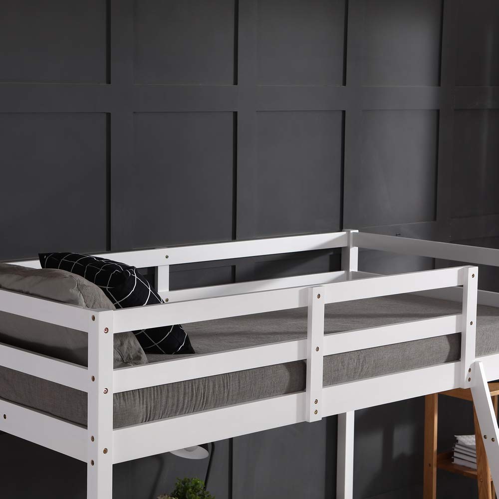 JOYMOR Twin Loft Bed Frame - Sturdy Wood Design with Full-Length Guardrail and Ladder for Kids and Teens - WoodArtSupply