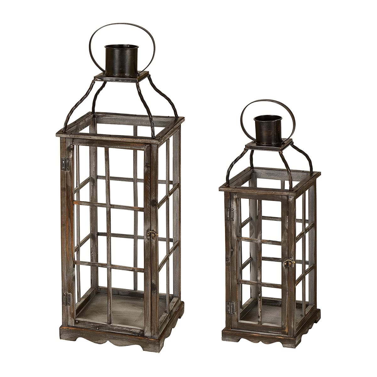Glitzhome Farmhouse Oversized Wood Metal Lanterns Decorative Hanging Candle Lanterns Set of 2, Black (No Glass) Glitzhome