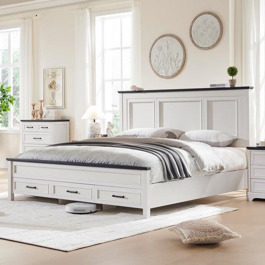 ACCOHOHO Rustic King Size Bed Frame with Tall Full-Panel Headboard and Storage Drawers in Antique White - WoodArtSupply