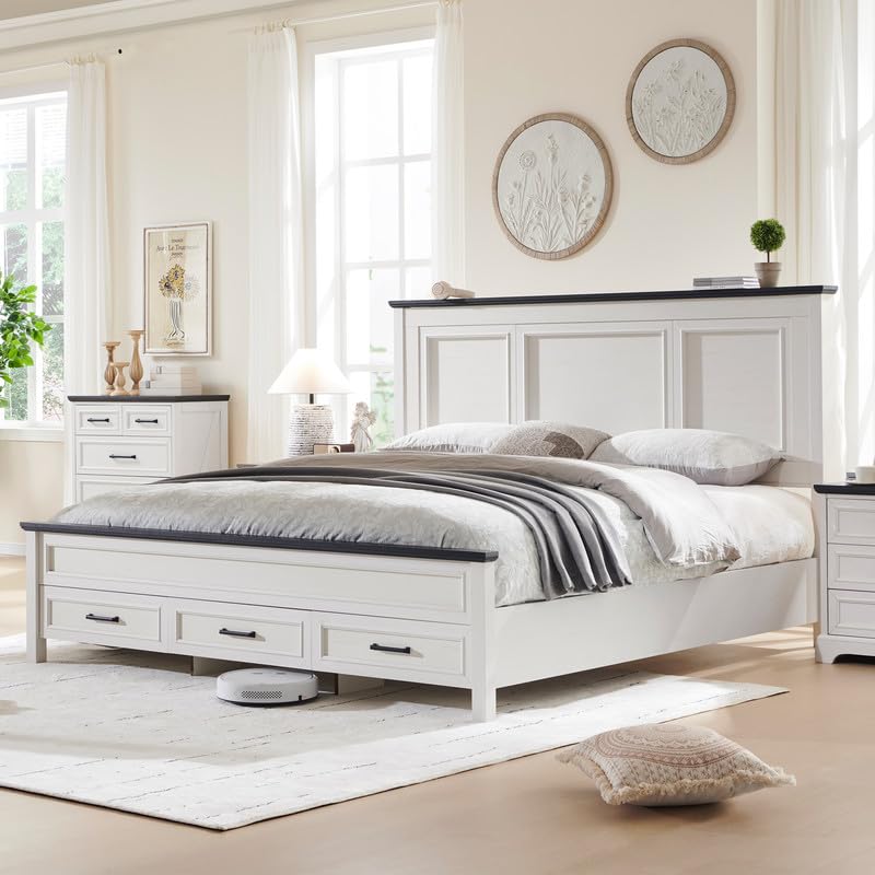 ACCOHOHO Antique White Farmhouse Queen Bed Frame with 52" Full-Panel Headboard and Storage Drawers ACCOHOHO