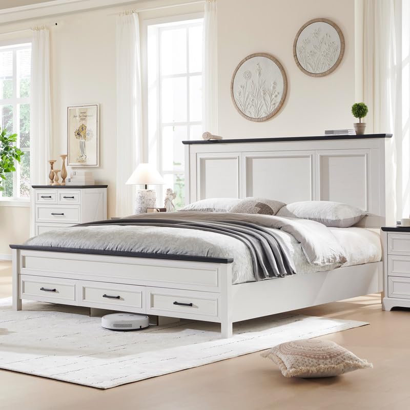 ACCOHOHO Antique White Farmhouse Queen Bed Frame with 52" Full-Panel Headboard and Storage Drawers - WoodArtSupply