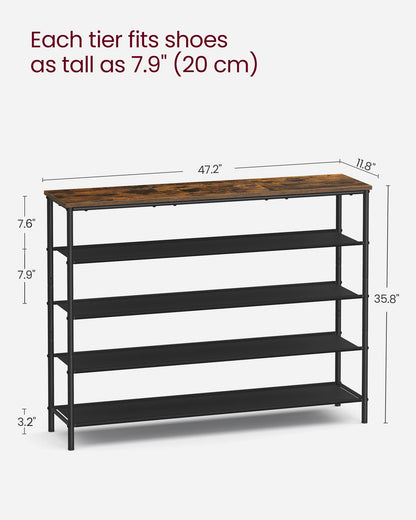 VASAGLE Shoe Rack, 5 Tier Shoe Storage Rack for 20-24 Pairs of Shoes, Shoe Organizer for Entryway, with 4 Fabric Shelves and Wooden Top, Steel Frame, Industrial, Rustic Brown and Black ULBS13 - WoodArtSupply