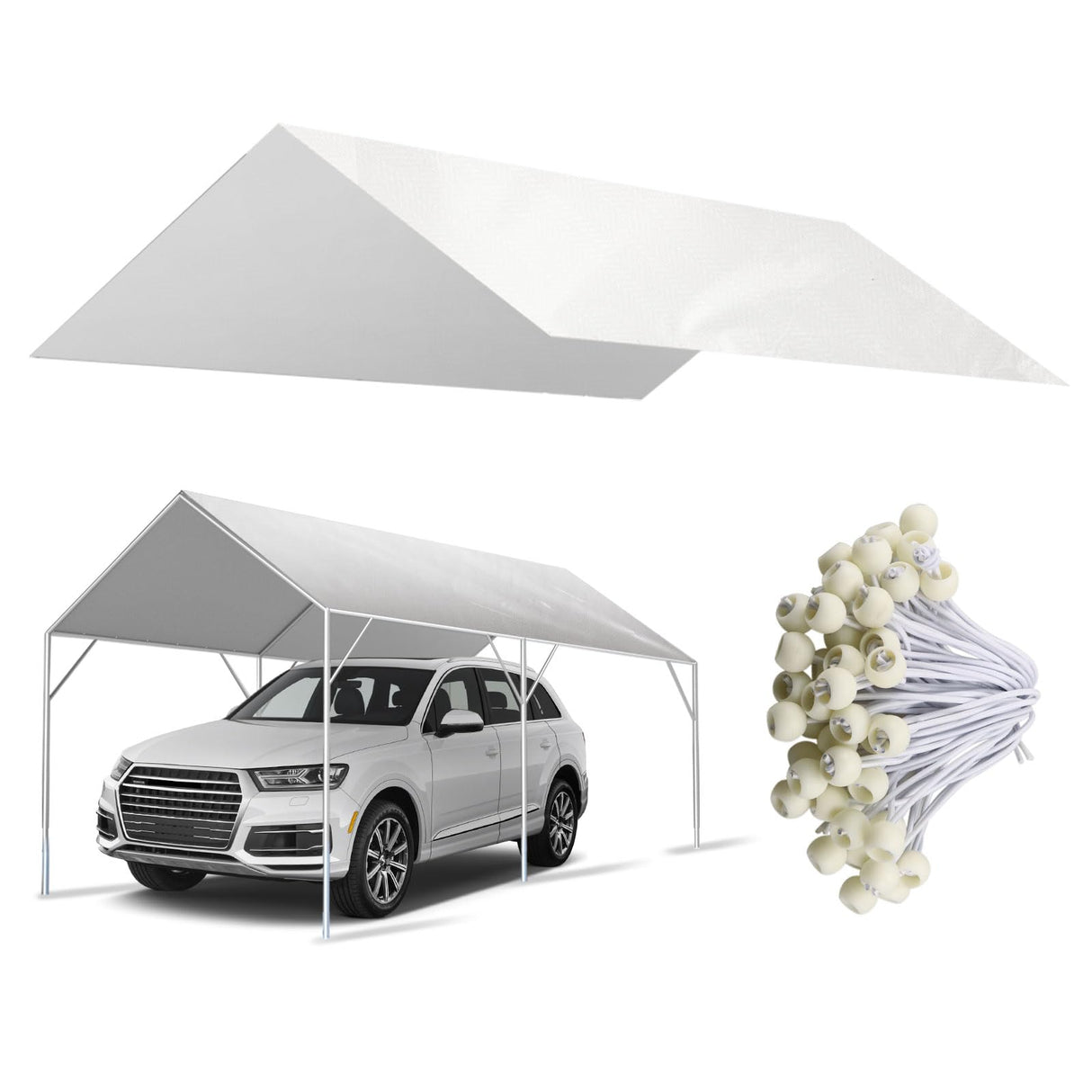 10' x 20' Canopy Replacement Cover for Carport, 220G Heavy Duty Replacement Top Cover for Car Garage, Waterproof & UV Protected Tarp with 48 Ball Bungees (Only Cover, Frame Not Included), White Buzleer