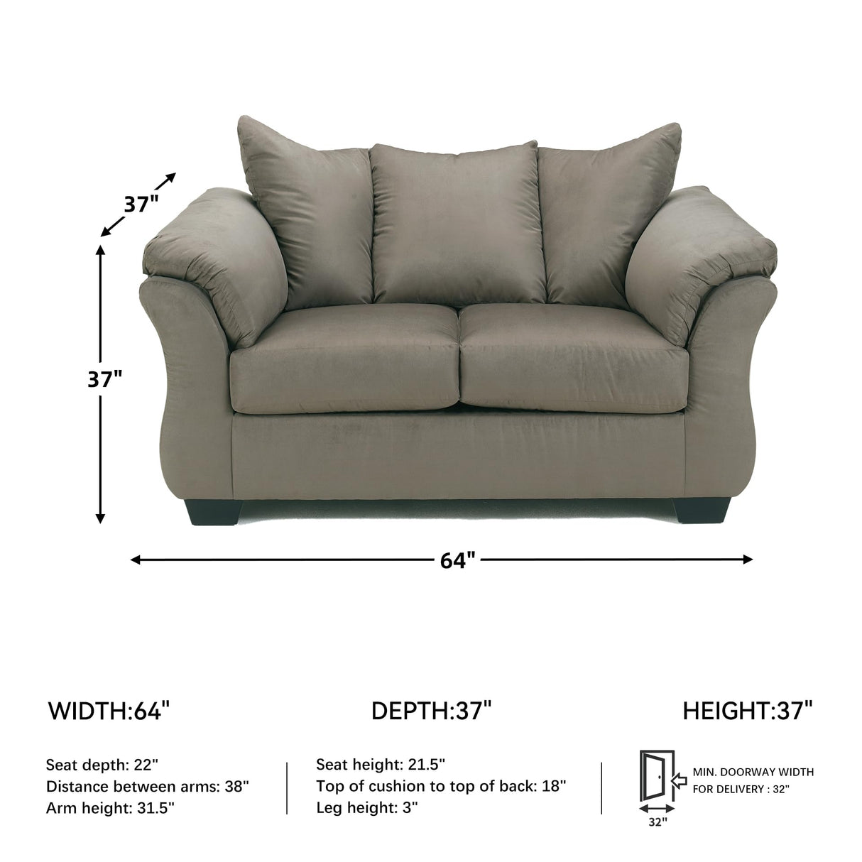 Signature Design by Ashley 1` Darcy Casual Plush Loveseat, Grayish Brown, 39"D x 67"W x 40"H, Gray Signature Design by Ashley