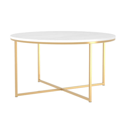 Walker Edison Modern Glam Round Accent Faux White Marble Coffee Table with Gold X-Base, 36 Inch - WoodArtSupply