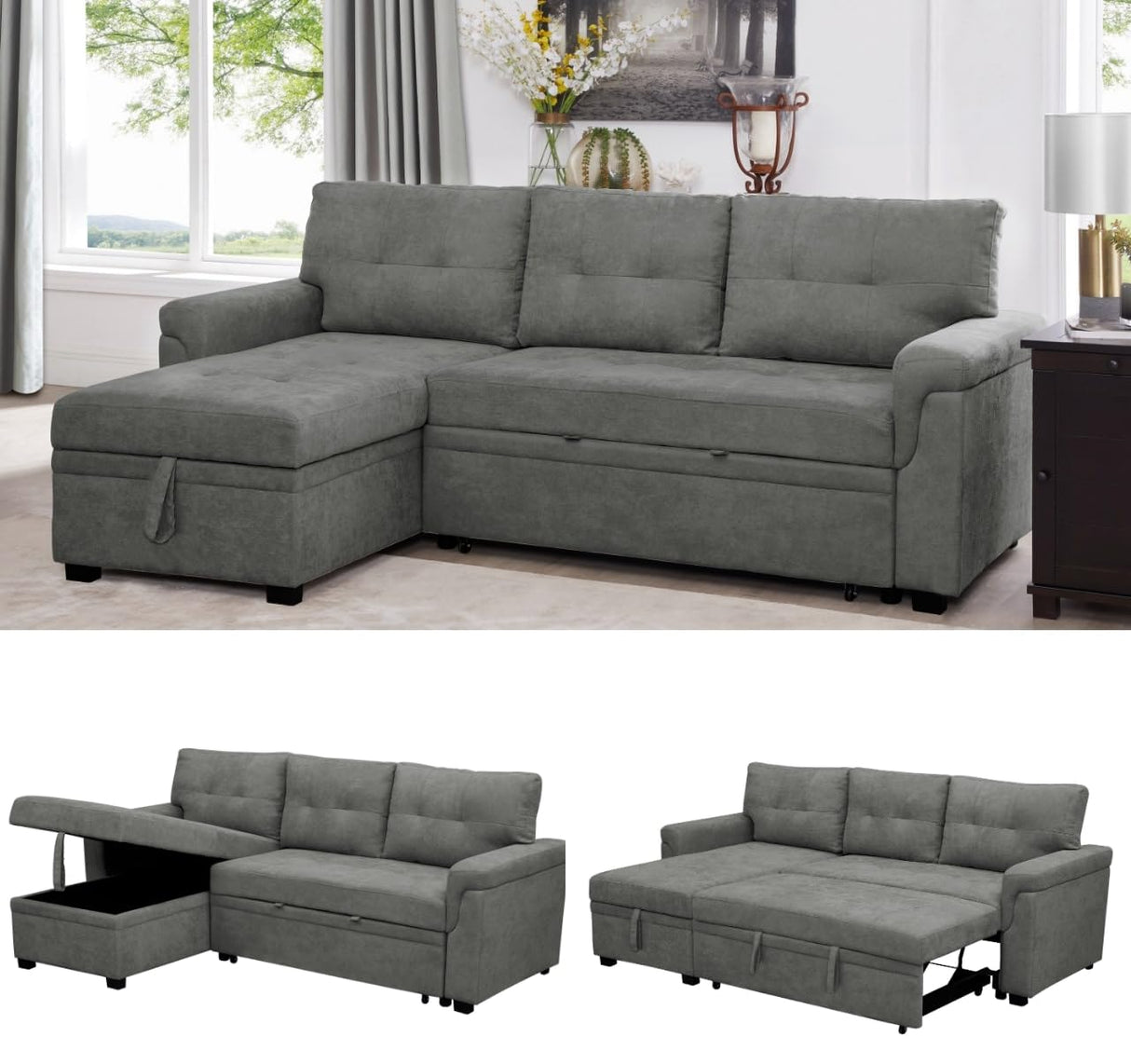 Naomi Home Transform Any Space: Sleeper Sectional Sofa with Convertible Sofa Bed & Inviting Chaise. Find Tranquil Comfort with Stress-Relieving Design & Durable Cushions - Gray/Velvet Naomi Home