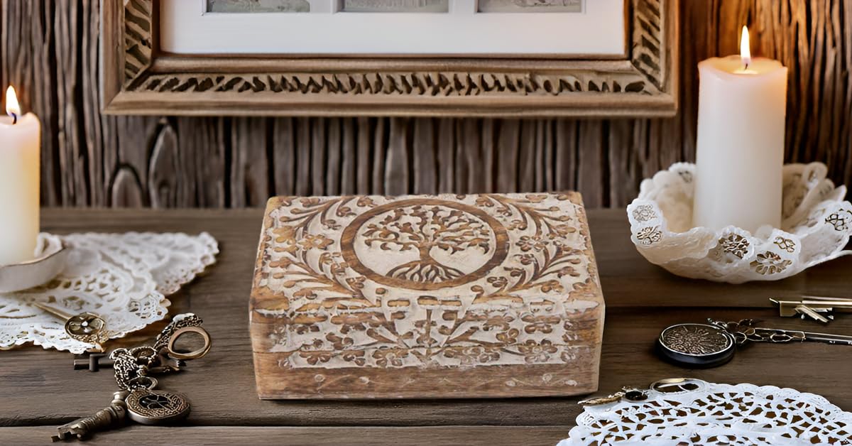 Great Birthday Gifts Handmade Decorative Wooden Jewelry Box Tree Of Life Carving Jewelry Organizer Keepsake Box Treasure Chest Trinket Holder Watch Box Storage Lock Box Housewarming Gifts The Great Indian Bazaar