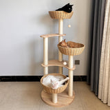 54" Modern Cat Tree for Large Cats, Wood Luxury Multi-Level Oak Solid Wood Cat Trees Cat Towers with 3 Rattan Weaving Cat Nests & Washable Cushions, Sisal Scratching Posts, for Indoor Cats-Lacquered MewJoyee