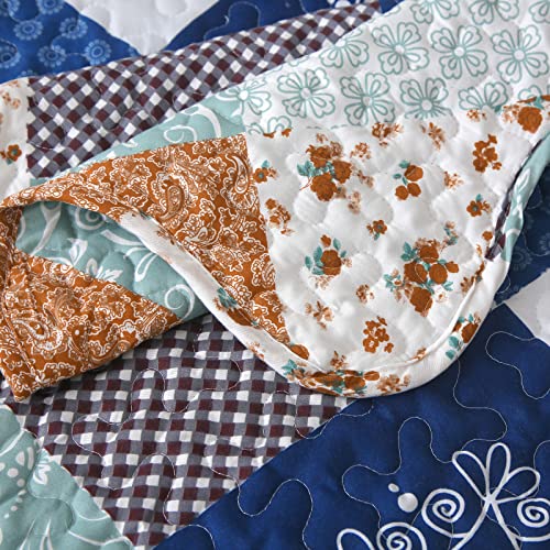 Dinjoy Reversible Patchwork Quilt Bedding Set King Size Blue Green Grey Plaid Floral Pattern Bedspread Set Soft Microfiber Coverlets Bed Set 3 Pieces Fall Autumn All Season Use Dinjoy