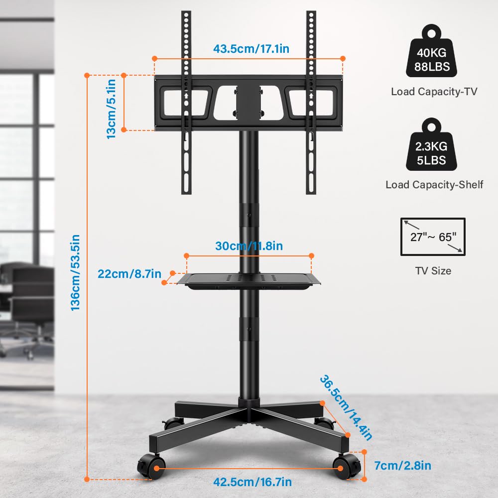 KKTONER Mobile TV Cart for 23 to 65 inch LCD LED Flat Screen/Curved TVs Floor TV Stand on Wheels with Height Adjustable Shelf Max VESA 400x400mm Rolling Floor TV Trolley Holds up to 88lbs