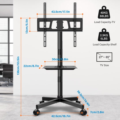 KKTONER Mobile TV Cart for 23 to 65 inch LCD LED Flat Screen/Curved TVs Floor TV Stand on Wheels with Height Adjustable Shelf Max VESA 400x400mm Rolling Floor TV Trolley Holds up to 88lbs