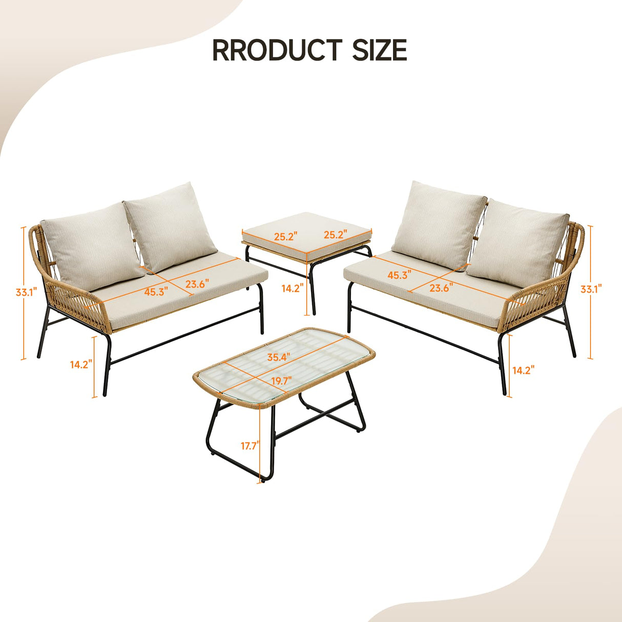 ONBRILL 4-Piece Outdoor Sectional Set, 4-Seats Wicker Patio Couch Sets with Cushion and Tempered Glass Coffee Table, L-Shaped, Olefin Fabric, Waterproof & UV Resistant, Beige ONBRILL