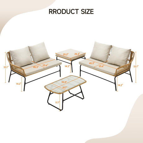 ONBRILL 4-Piece Outdoor Sectional Set, 4-Seats Wicker Patio Couch Sets with Cushion and Tempered Glass Coffee Table, L-Shaped, Olefin Fabric, Waterproof & UV Resistant, Beige ONBRILL