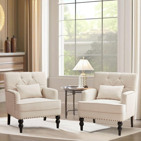HUIMO Tufted Club Chair Set of 2,Accent Chair with Lumbar Pillow, Upholstered Button Armchair, Fabric Sofa Chairs for Bedroom, Living Room, Mid Century Modern with Studded Reading Chair(2,Beige) HUIMO