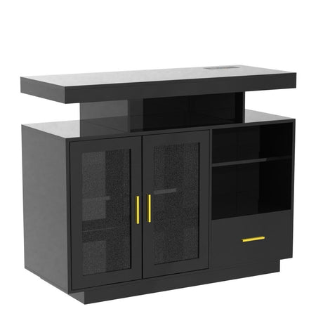 WOOVIVS 39.4" Modern LED Sideboard Buffet Cabinet with Charging Station, High Glossy Cupboard with Motion Sensor Light, Coffee Bar Storage Cabinet with Acrylic Panel for Living Room, Kitchen (Black) WOOVIVS