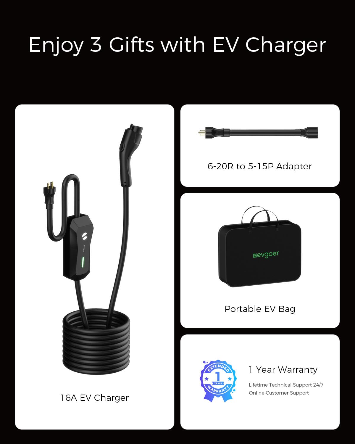 Level 1/2 EV Charger, 16A 110-240V Portable EV Charger with 25FT Cable, Home Electric Vehicle Charging Stations with NEMA 6-20 Plug NEMA 5-15 Adapter for All J1772 EVs EG evgoer