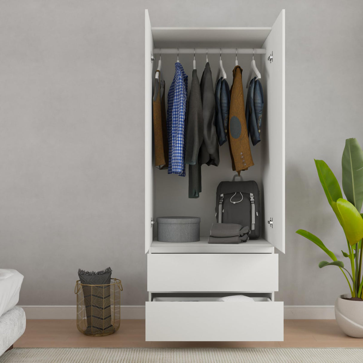 Bobve 78.74'' Armoire Wardrobe Closet with 2 Doors and 2 Drawers, Bedroom Armoire with Hanging Rod, Freestanding Wooden Closet Storage Cabinet, White Bobve