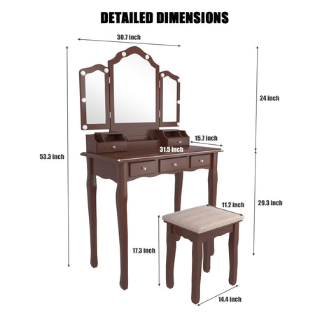 NEDYO Vanity Table, Vintage Vanity Desk with Mirror and Lights, Tri-Fold Mirror Small Makeup Vanity with Chair, Vanity Set for Bedroom and Small Spaces. Terracotta NEDYO