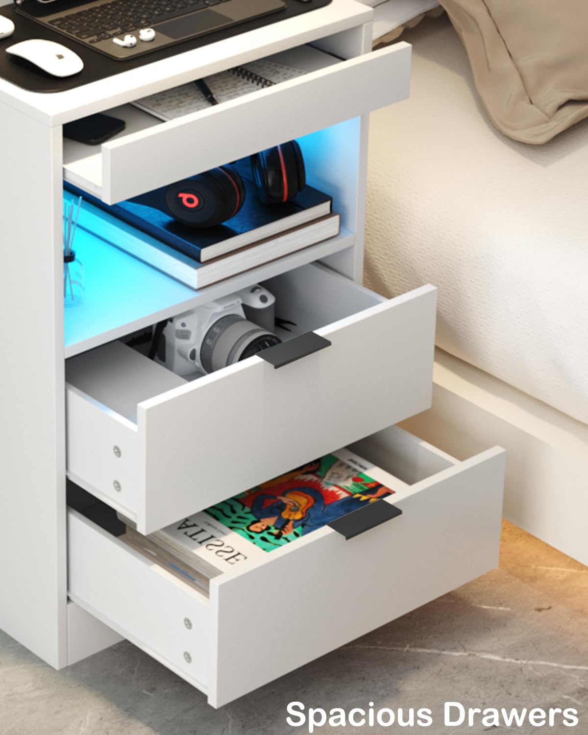 Gadroad LED Nightstand with Charging Station, Bedside Table with 3 Drawers and LED Lights, End Table Sofa Couch Side Table with Pull-Out Shelf, White Gadroad